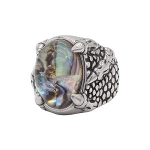 Bague griffe de dragon pour homme avec nacre d'abalone ovale et texture écailles rétro