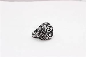 Macro detail of vintage Egyptian Pharaoh eye ring with sphinx side engraving