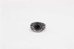 Macro detail of retro steel ring featuring a black faceted gemstone and bullet base design