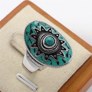 Anello in stile Boho retrò argento con motivo ovale verde e perla centrale incastonata