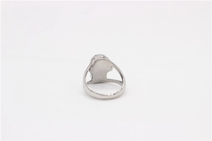 Detailed view of silver stainless steel ring featuring a vintage skull silhouette design