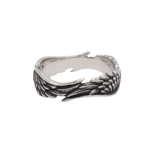 Retro stainless steel ring with detailed wing feather texture and vintage finish