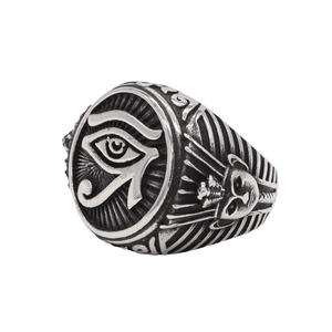 Vintage stainless steel ring featuring Eye of Horus and Egyptian cat god motifs
