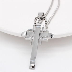 Minimalist layered stainless steel cross pendant necklace with classic bead chain for men