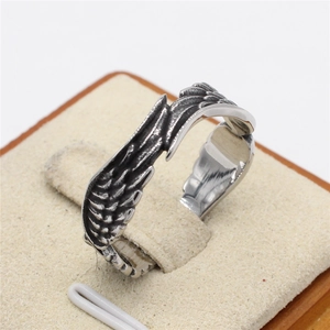Retro titanium steel ring with double layer angel wing feathers in oxidized silver finish