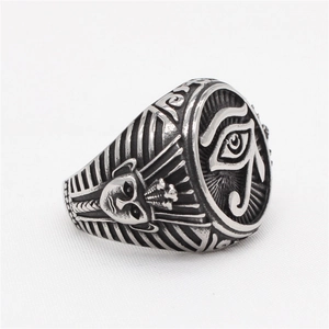 Vintage Egyptian Eye of Horus titanium steel ring with pharaoh relief design