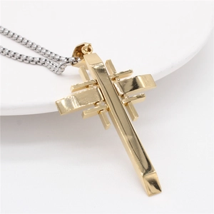 Minimalist gold tiered cross pendant necklace for men with silver steel box chain link
