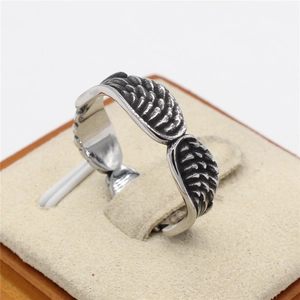 Vintage oxidized silver angel wing feather open ring made of durable stainless steel