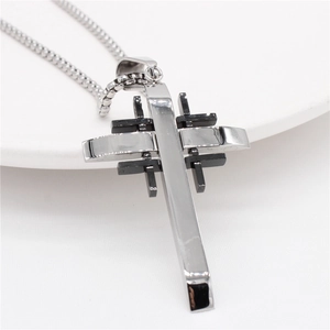 Cross pendant necklace for men made of silver stainless steel with black inlay and box chain