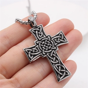 Pendentif croix nœud celtique viking vintage pour homme en acier inoxydable argent vieilli