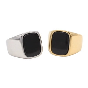 Sleek rectangle black onyx men's signet rings in gold and silver stainless steel