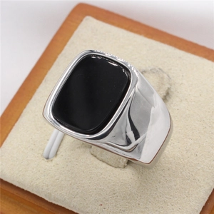 Mens minimalist silver stainless steel signet ring with rectangle black onyx stone