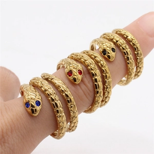 Anillo de Serpiente de Acero Inoxidable Punk Vintage para Hombres Mujeres Color Oro Plata Ojos de Strass Anillo Envolvente Multicapa