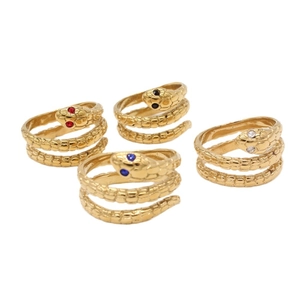 Anillos de serpiente dorados retro con textura de escamas y ojos de piedras de colores