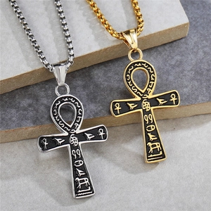 Vintage Ancient Egyptian Ankh Cross Pendant Necklace For Men Stainless Steel Hieroglyph Enamel Religious Jewelry Steel Gold