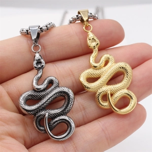 Punk style snake pendant necklaces in silver and gold finish with detailed scale textures