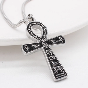 Retro silver Ankh cross pendant necklace with Egyptian hieroglyphs on white background