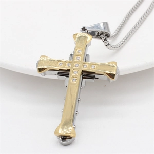 Collier minimaliste pour homme avec pendentif croix bicolore en acier inoxydable et cristaux