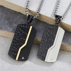 Men Titanium Steel Dog Tag Pendant Rhinestone Inlaid Crocodile Texture Brushed Rectangular Military Tag Pendant Only No Chain