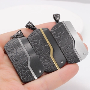 Three men's steel rectangle necklaces with crocodile skin texture and zircon insets