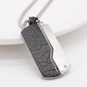 Men's dog tag necklace with gray crocodile texture and brushed steel with small zircon