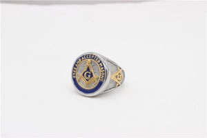 Detailed engraving of Masonic compass and G symbol on blue enamel mens signet ring