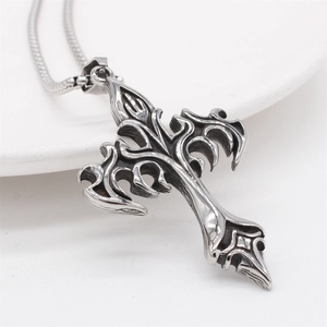 Gothic punk bat cross pendant necklace in vintage silver-tone titanium steel