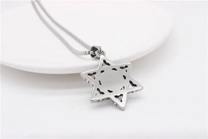 Close-up of the intricate hollowed-out back detail of a silver Hexagram pendant
