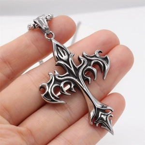 Gothic vintage stainless steel bat cross pendant necklace with black distressed finish