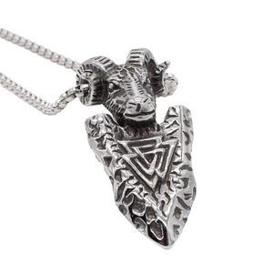 Retro viking shield ram head pendant necklace in stainless steel with valknut symbol