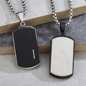 Mens titanium steel dog tag necklaces with black and silver mesh patterns and crystals