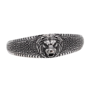 Retro lion head open bangle in silver stainless steel with detailed embossed scales