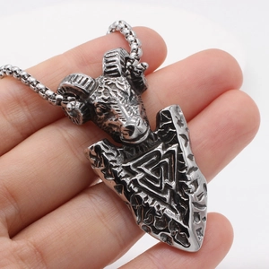 Vintage stainless steel Viking ram shield pendant necklace with a Valknut arrow design