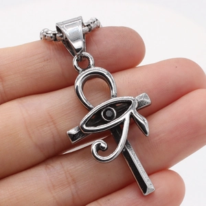 Vintage stainless steel Ankh cross necklace with Eye of Horus and black stone