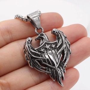 Vintage eagle shield pendant necklace for men in silver-tone stainless steel
