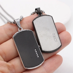 Polished rectangular dog tag pendant necklace with grid pattern and five zircon stones