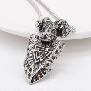 Vintage Viking shield pendant with ram head in antique silver on box chain necklace