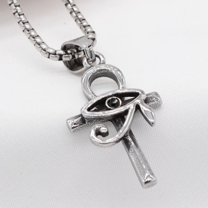 Retro stainless steel Ankh cross necklace with Eye of Horus pendant for men in silver finish