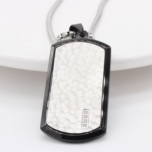 Men's dog tag necklace in black and silver steel with hammered texture and zircon inlays