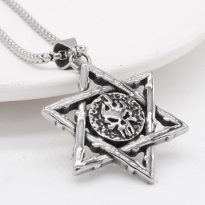 Gothic retro flame skull hexagram pendant in silver titanium steel with ball chain
