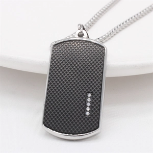 Mens silver stainless steel military dog tag necklace with black grid and inlaid white crystals