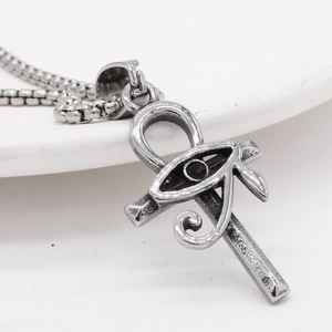 Vintage stainless steel Ankh cross necklace with Eye of Horus and black stone pendant