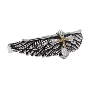 Retro eagle wing titanium steel open cuff bracelet with small gold cross detail