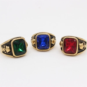 Retro punk men's titanium steel rings with skull relief and colorful square gemstones