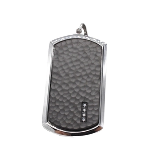 Men's titanium steel dog tag pendant with hammered grey panel and four clear diamonds