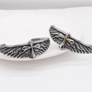 Retro eagle wing and cross punk titanium steel open bangles in silver and gold colors