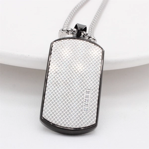 Men's rectangle steel pendant necklace with waffle texture and inlaid rhinestones