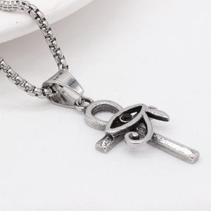 Vintage stainless steel Ankh cross necklace with Eye of Horus and black stone detail