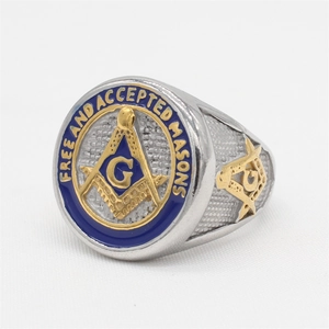 Retro stainless steel Freemason ring with gold G symbol and blue enamel inlay