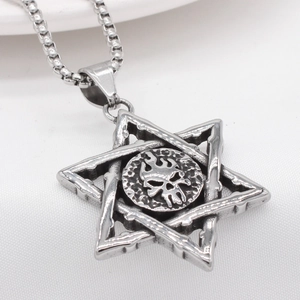 Vintage gothic flame skull hexagram pendant necklace in silver stainless steel finish